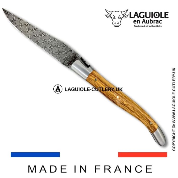 laguiole pocket knife in olivewood with damascus blade & hand engraved plates