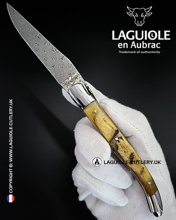 laguiole pocket knife in ram horn with damascus blade & hand engraved plates