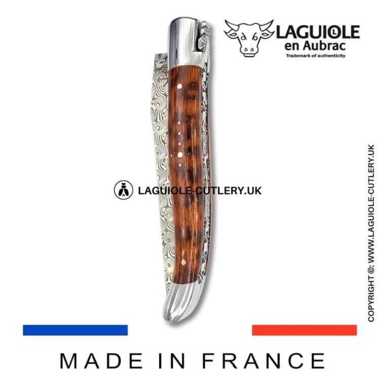 laguiole pocket knife in snakewood with damascus blade & hand engraved plates
