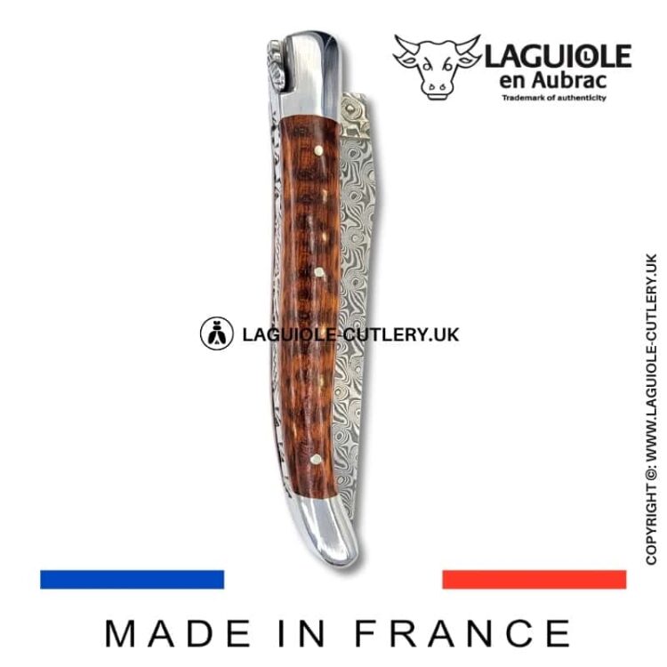 laguiole pocket knife in snakewood with damascus blade & hand engraved plates