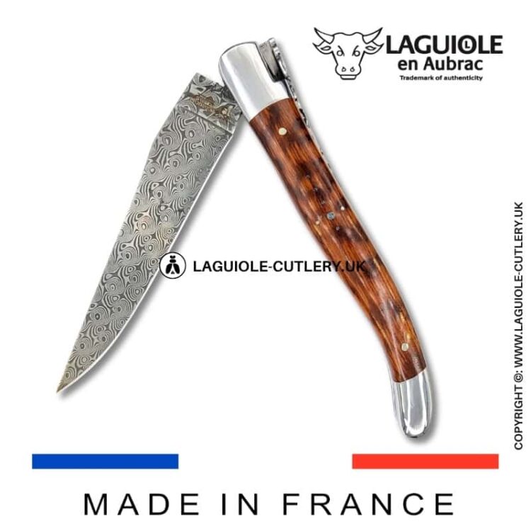 laguiole pocket knife in snakewood with damascus blade & hand engraved plates