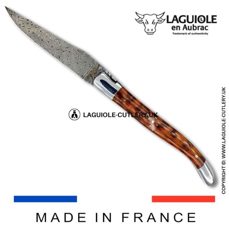 laguiole pocket knife in snakewood with damascus blade & hand engraved plates