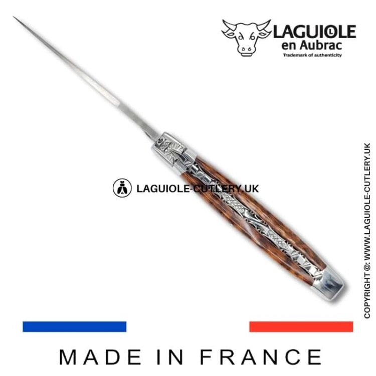 laguiole pocket knife in snakewood with damascus blade & hand engraved plates