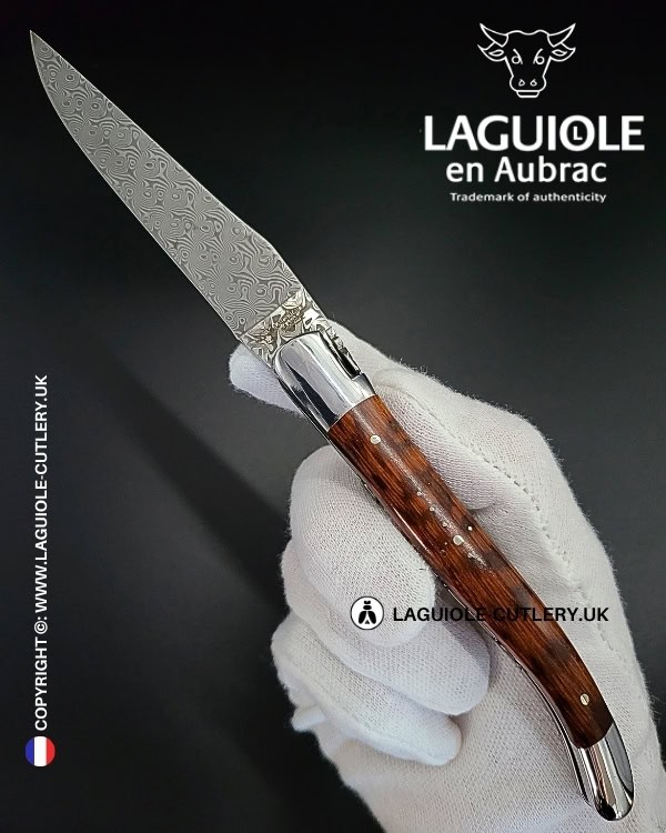 laguiole pocket knife in snakewood with damascus blade & hand engraved plates