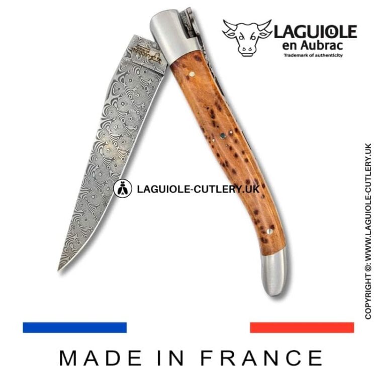 laguiole pocket knife in thuya wood with damascus blade & hand engraved plates