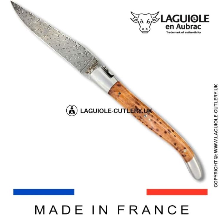 laguiole pocket knife in thuya wood with damascus blade & hand engraved plates