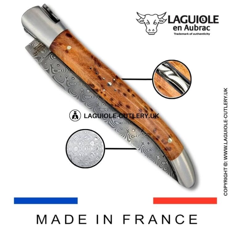 laguiole pocket knife in thuya wood with damascus blade & hand engraved plates