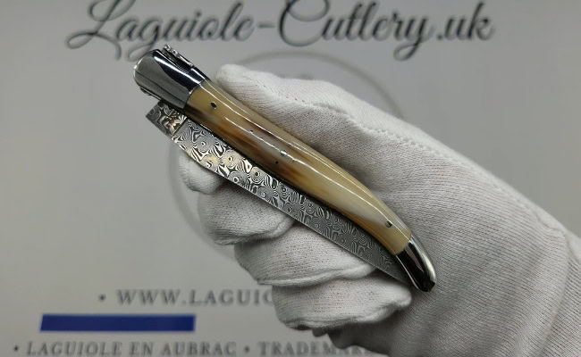 laguiole pocket knife in horn tip with damascus blade & hand engraved plates