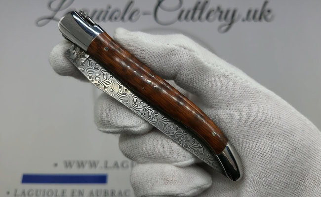 laguiole pocket knife in snakewood with damascus blade & hand engraved plates