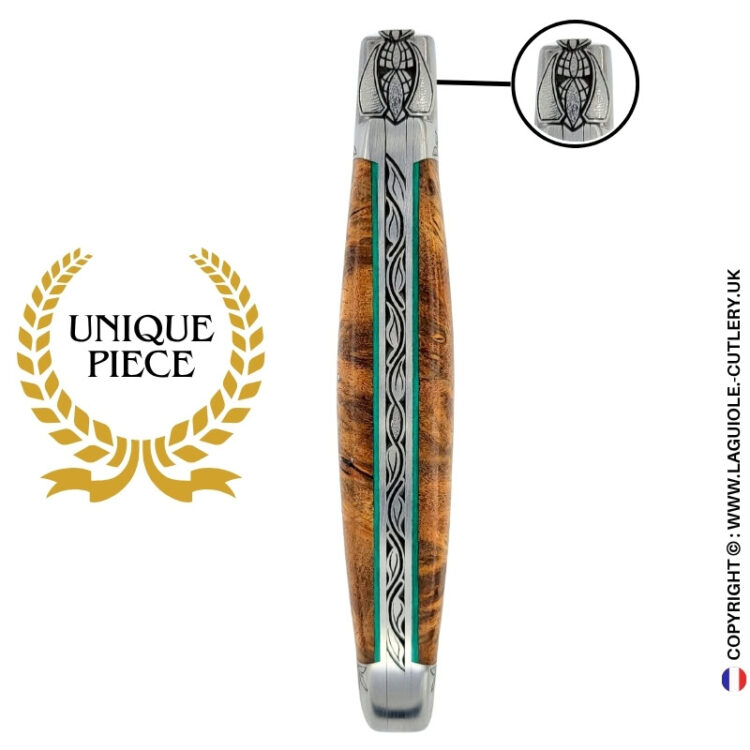 lotus breath: laguiole pocket knife in albizia – hand engraved bee and bolsters