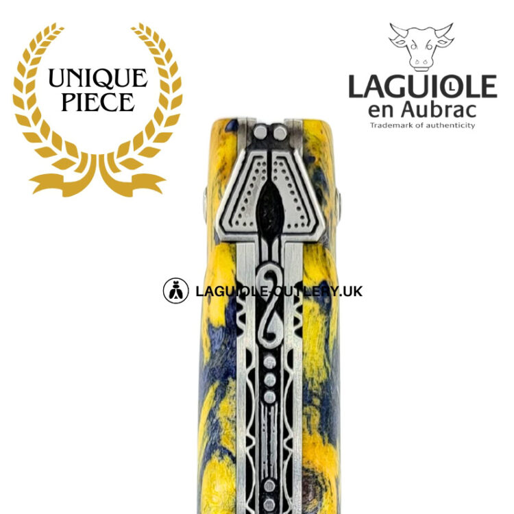 spirit of the temple: laguiole pocket knife in yellow and grey chestnut burl – full handle – double engraved plates