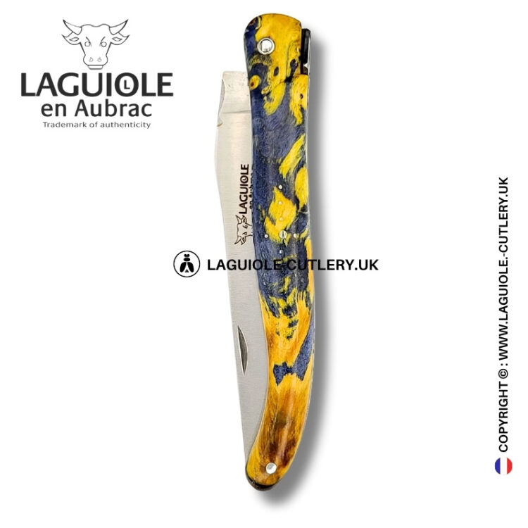spirit of the temple: laguiole pocket knife in yellow and grey chestnut burl – full handle – double engraved plates