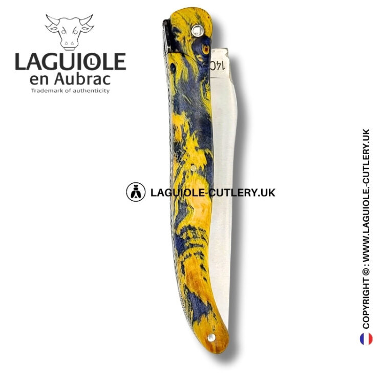 spirit of the temple: laguiole pocket knife in yellow and grey chestnut burl – full handle – double engraved plates