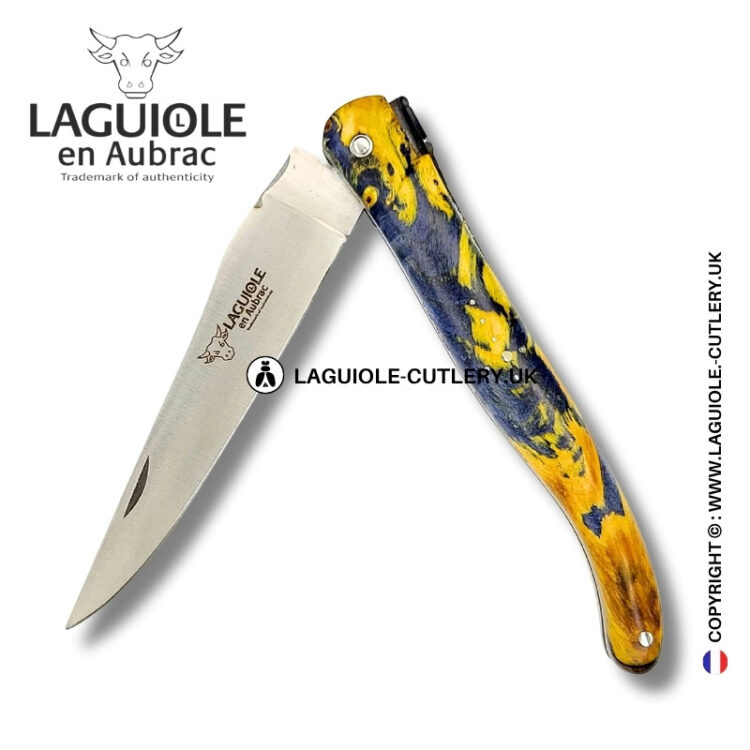 spirit of the temple: laguiole pocket knife in yellow and grey chestnut burl – full handle – double engraved plates