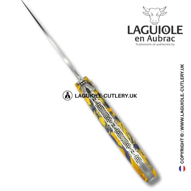 spirit of the temple: laguiole pocket knife in yellow and grey chestnut burl – full handle – double engraved plates