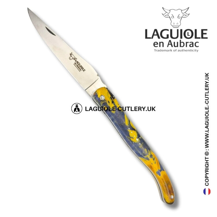spirit of the temple: laguiole pocket knife in yellow and grey chestnut burl – full handle – double engraved plates